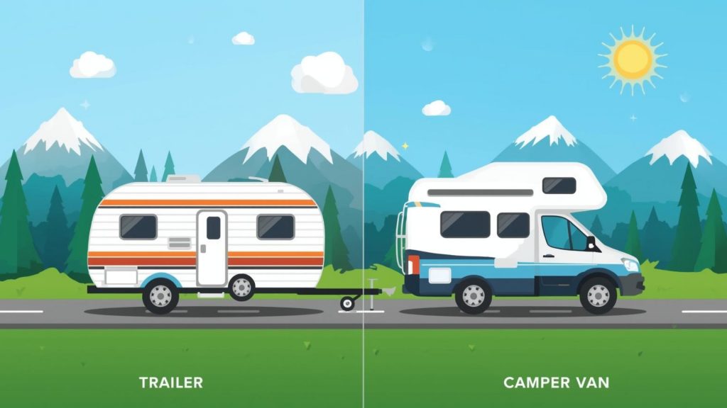 けん引で移設するトレーラーハウスと自走するキャンピングカーのイラスト