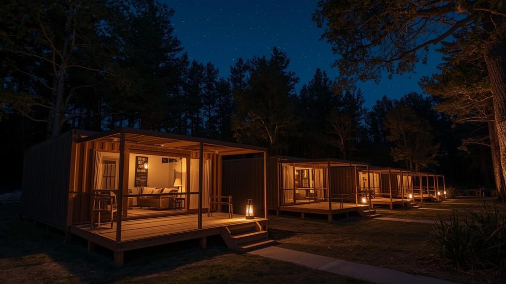 コンテナハウスを使ったグランピング宿泊ユニットの夜景
