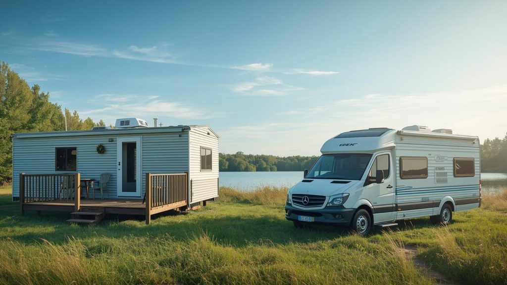 トレーラーハウスとキャンピングカーが並ぶライフスタイル比較のイメージ