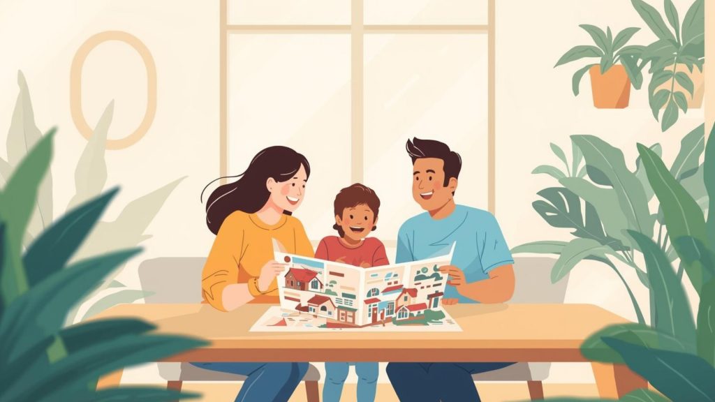 家族が地図を見ながら住まい選びを検討している様子
