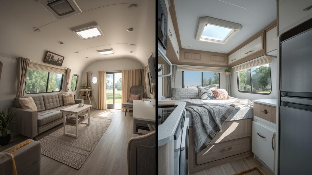広めの室内を持つトレーラーハウスのリビングと、コンパクトに機能を収めたキャンピングカーの内装