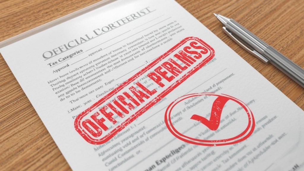 法規・税区分・許認可を示す書類とスタンプのイメージ