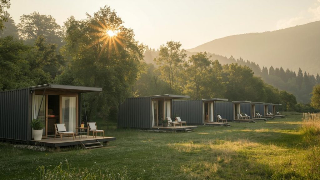 自然に囲まれたコンテナ宿泊施設の朝の風景