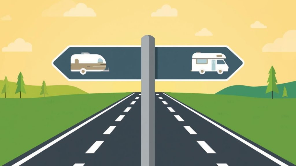 選択の分岐：トレーラーハウスの滞在重視ルートとキャンピングカーの移動重視ルートを示すサインボード